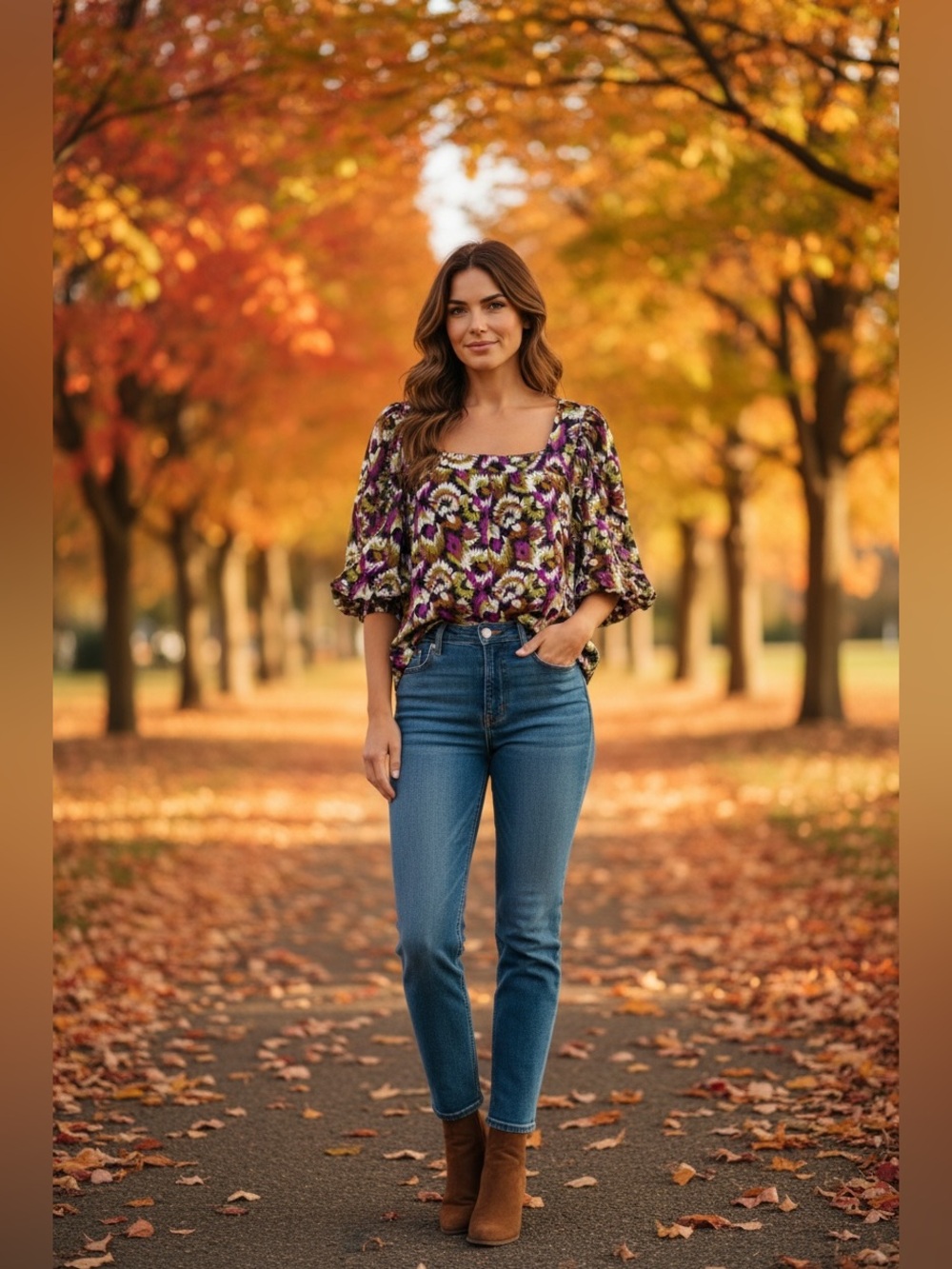 Terra and Sky  Purple Floral Puff-Sleeve Blouse